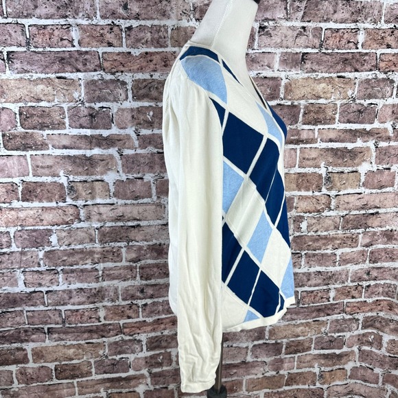 Tommy Hilfiger Womens Argyle V Neck Sweater Cream Blue L/G 100% Pima Cotton - Picture 3 of 12